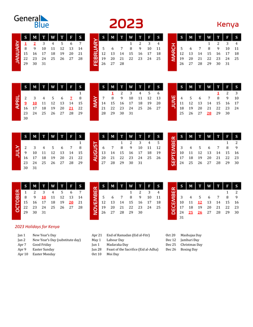 2023 Kenya Calendar with Holidays