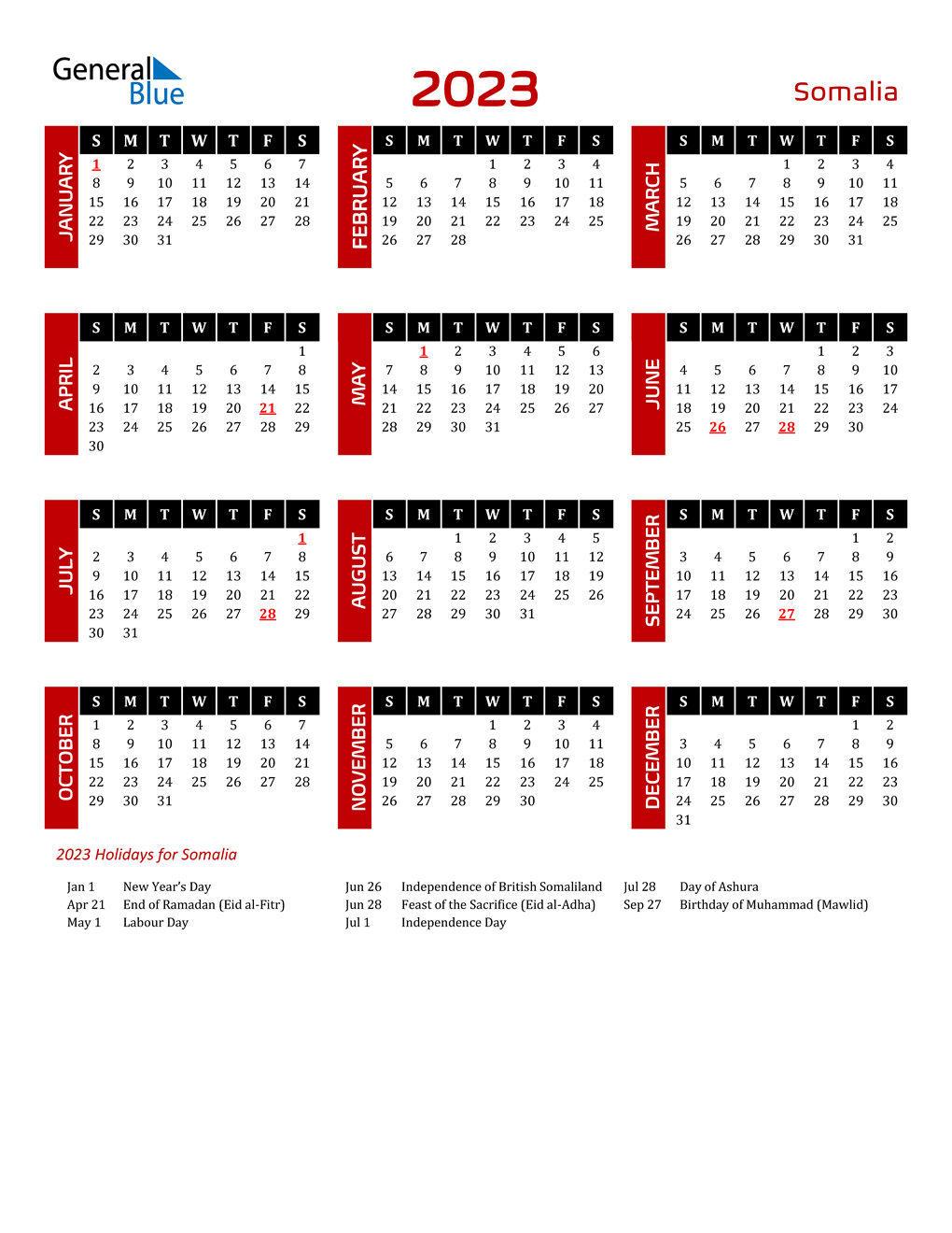 2023 Somalia Calendar with Holidays