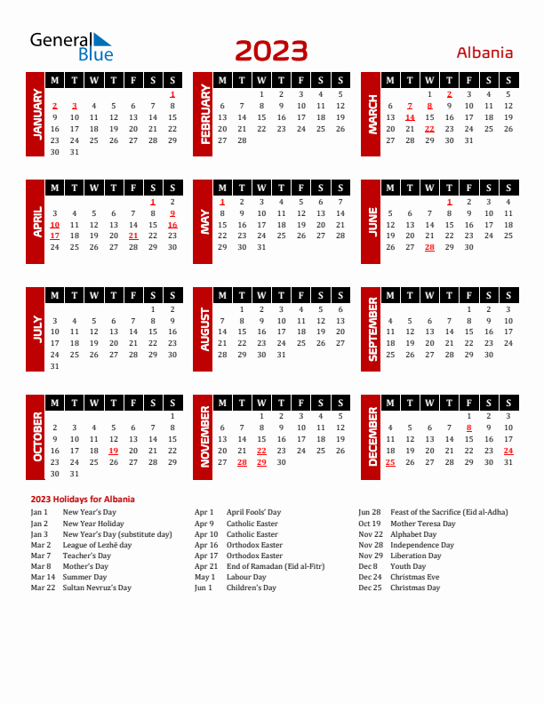 Download Albania 2023 Calendar - Monday Start
