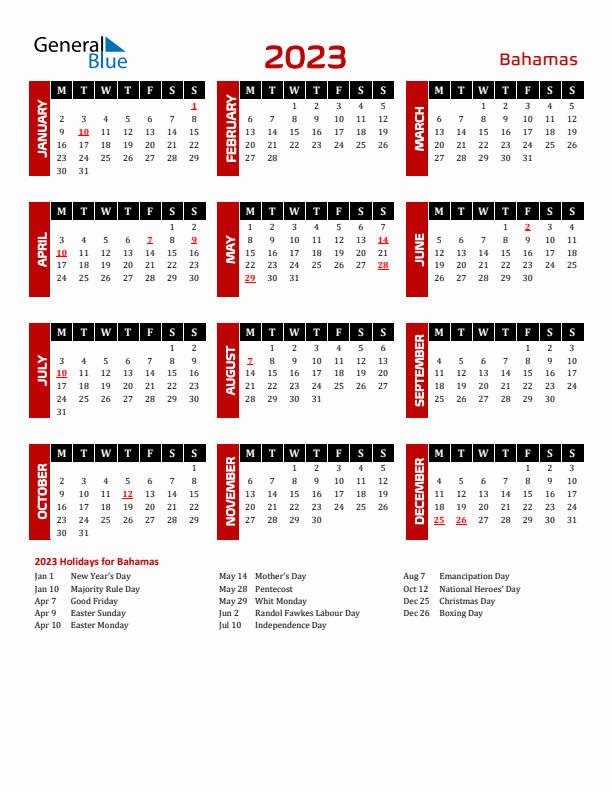 Download Bahamas 2023 Calendar - Monday Start