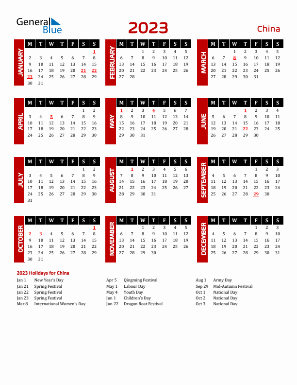 Download China 2023 Calendar - Monday Start