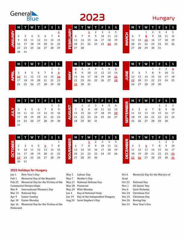 Download Hungary 2023 Calendar - Monday Start