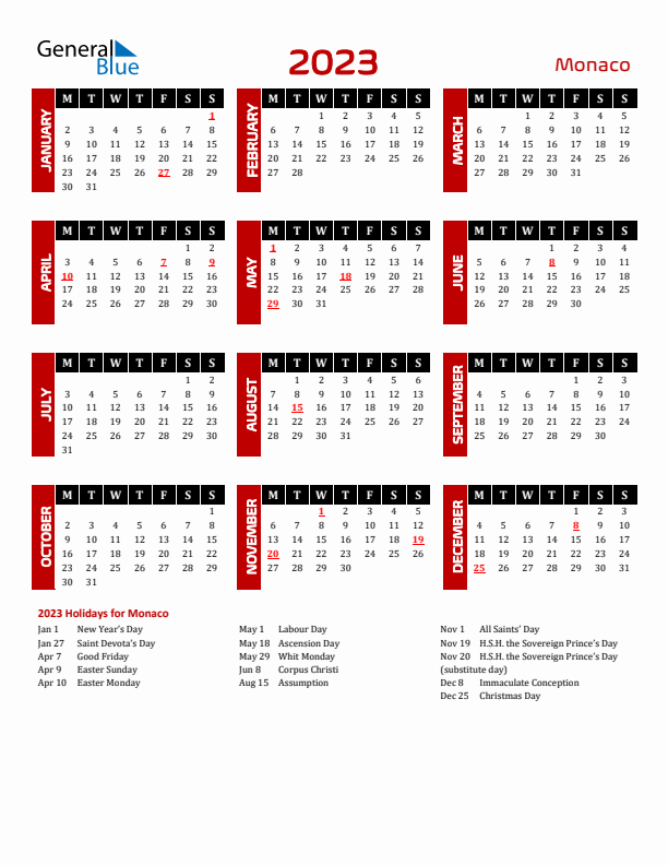 Download Monaco 2023 Calendar - Monday Start