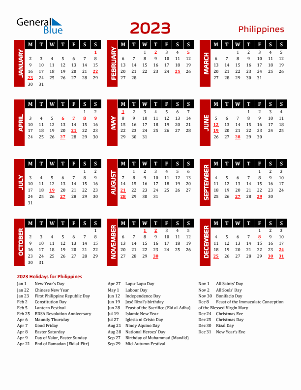 Download Philippines 2023 Calendar - Monday Start