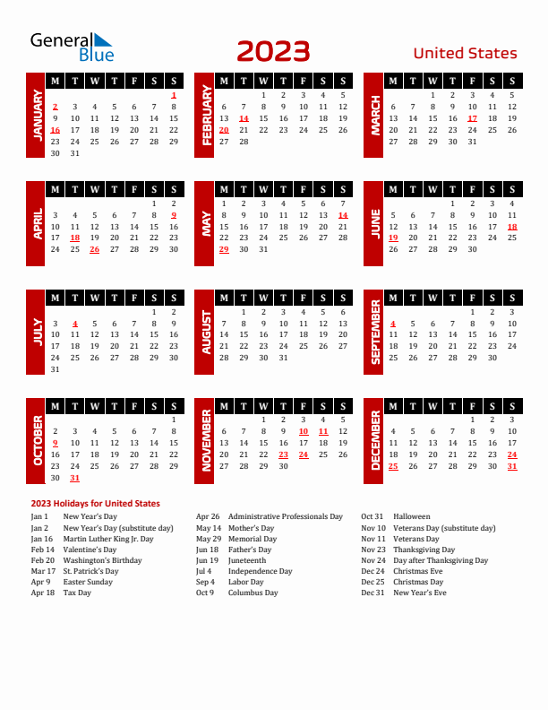 Download United States 2023 Calendar - Monday Start