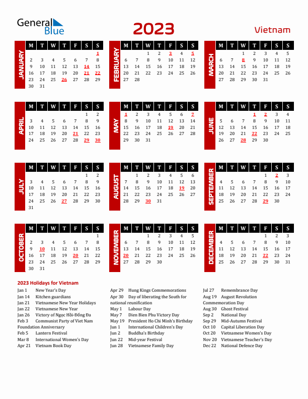 Download Vietnam 2023 Calendar - Monday Start