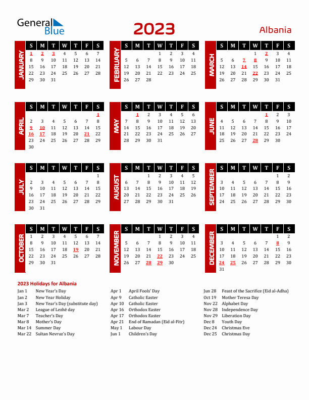 Download Albania 2023 Calendar - Sunday Start