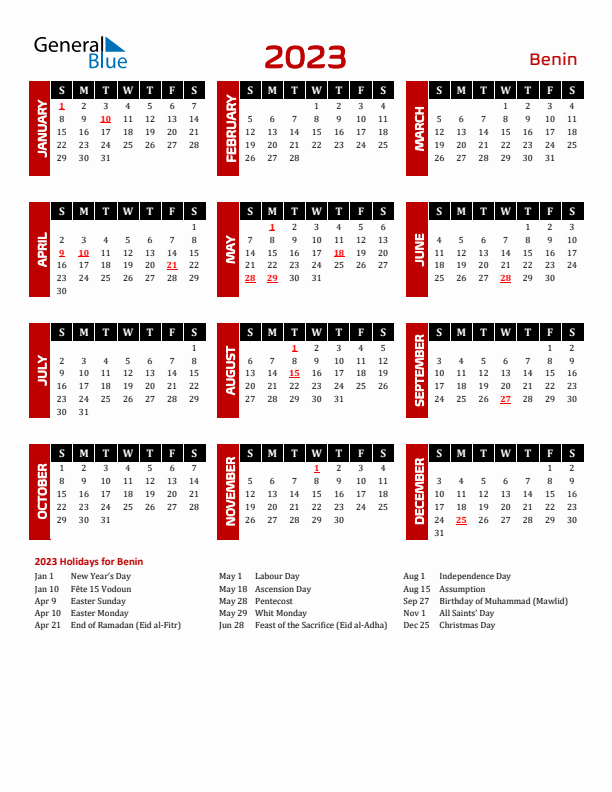 Download Benin 2023 Calendar - Sunday Start