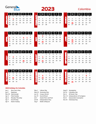 Colombia current year calendar 2023 with holidays