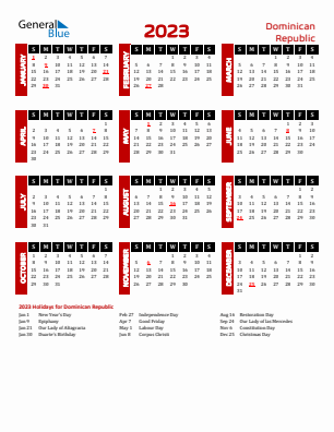 Dominican Republic current year calendar 2023 with holidays
