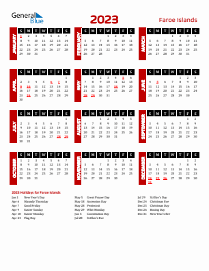 Faroe Islands current year calendar 2023 with holidays