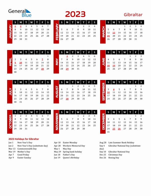 Download Gibraltar 2023 Calendar - Sunday Start