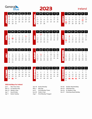 Ireland current year calendar 2023 with holidays