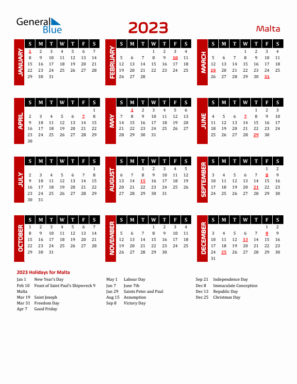 Download Malta 2023 Calendar - Sunday Start
