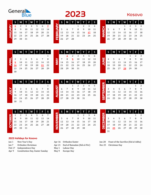 Download Kosovo 2023 Calendar - Sunday Start