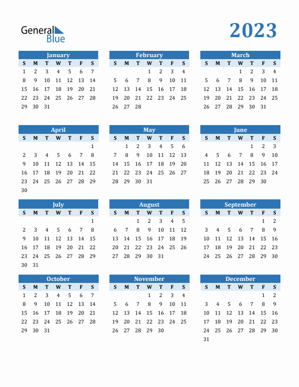 2023 Year Calendar with Sunday Start