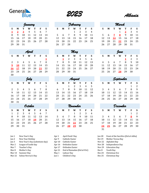 2023 Calendar for Albania with Holidays
