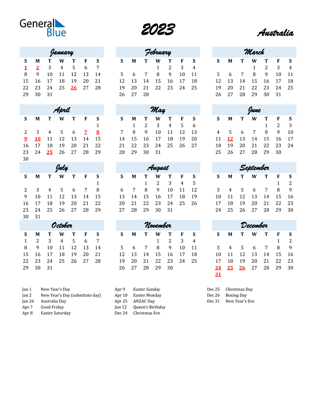 2023 Yearly Calendar Australia Free Printable