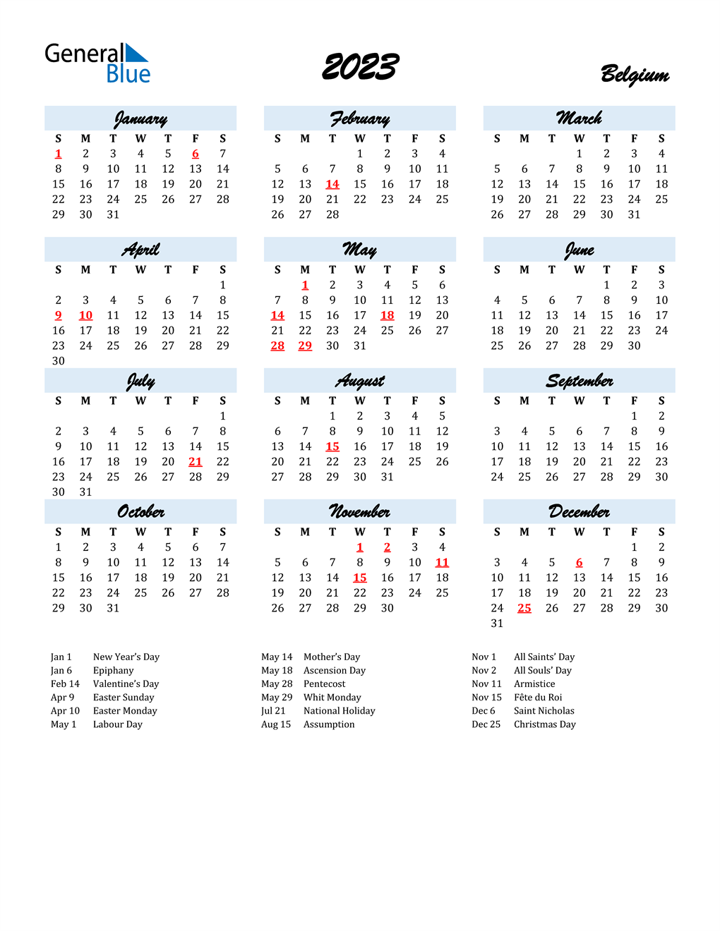 2023 Belgium Calendar with Holidays