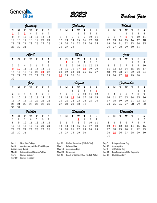 2023 Calendar for Burkina Faso with Holidays