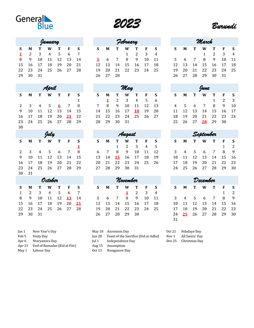 2023 Calendar for Burundi with Holidays