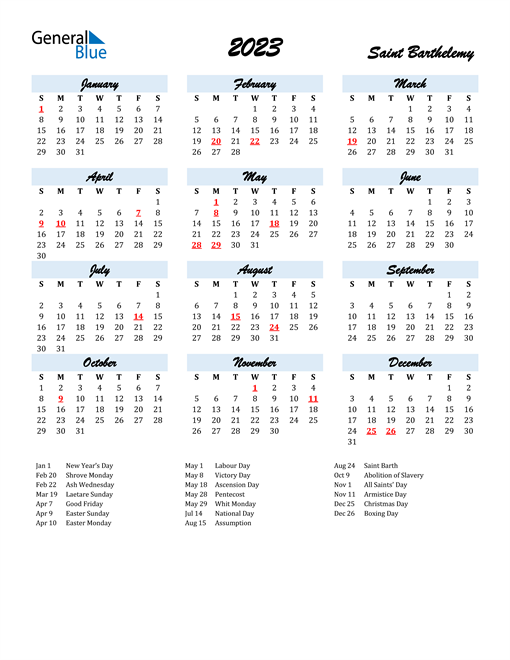 2023 Calendar for Saint Barthelemy with Holidays