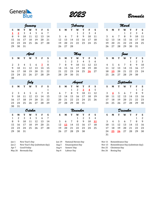 2023 Calendar for Bermuda with Holidays