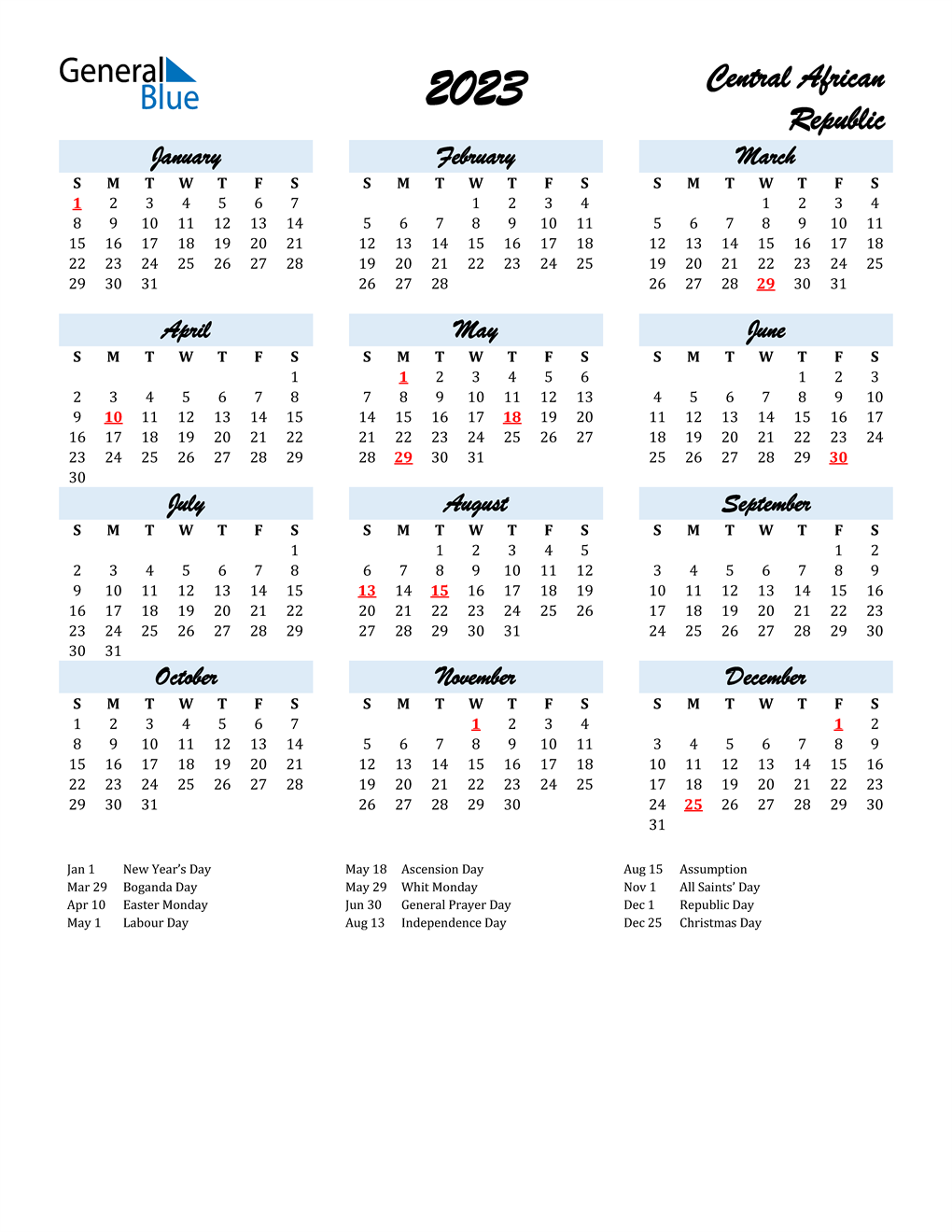 2023 Central African Republic Calendar with Holidays