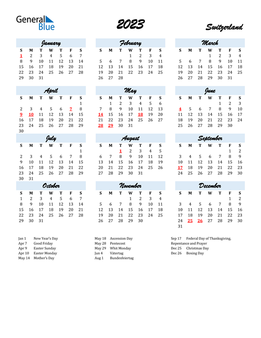 2023 Switzerland Calendar with Holidays