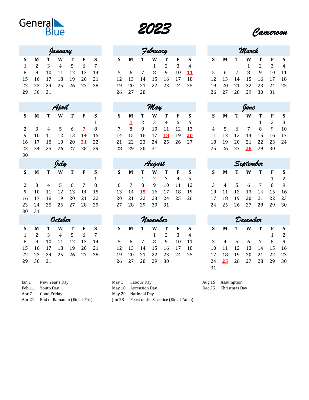 2023 cameroon calendar with holidays