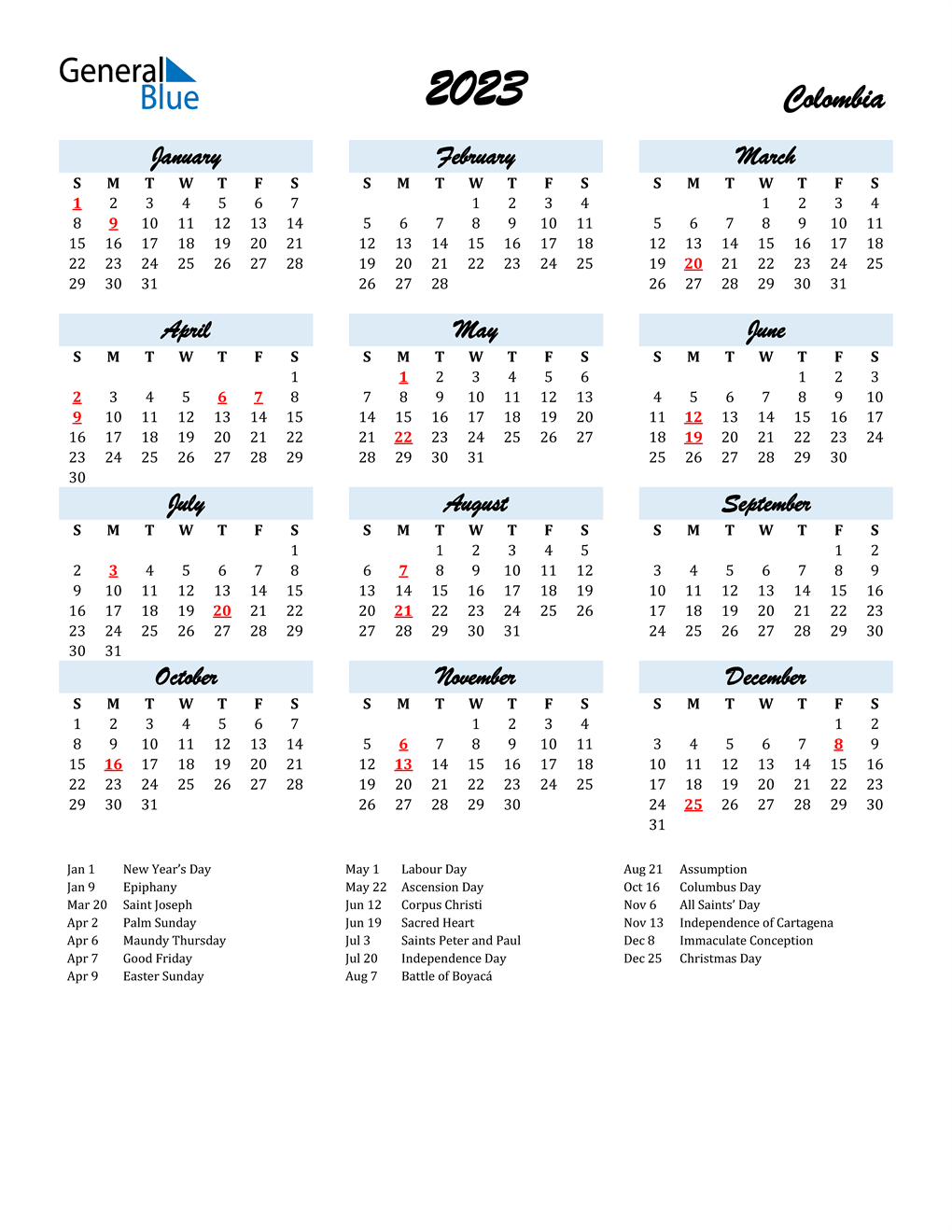 2023 Calendar for Colombia with Holidays
