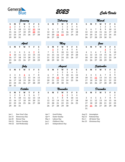 2023 Calendar for Cabo Verde with Holidays