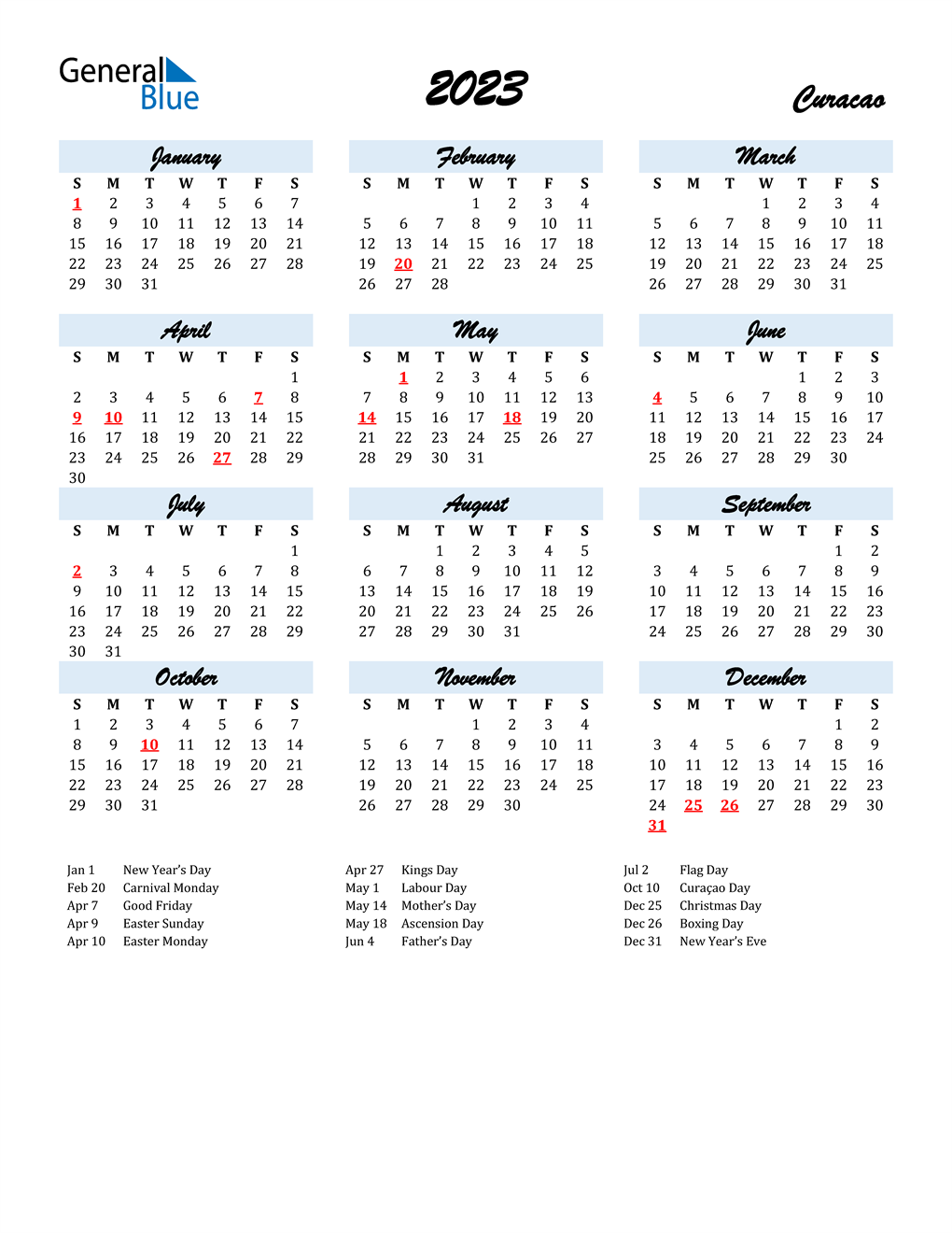 2023 Curacao Calendar With Holidays