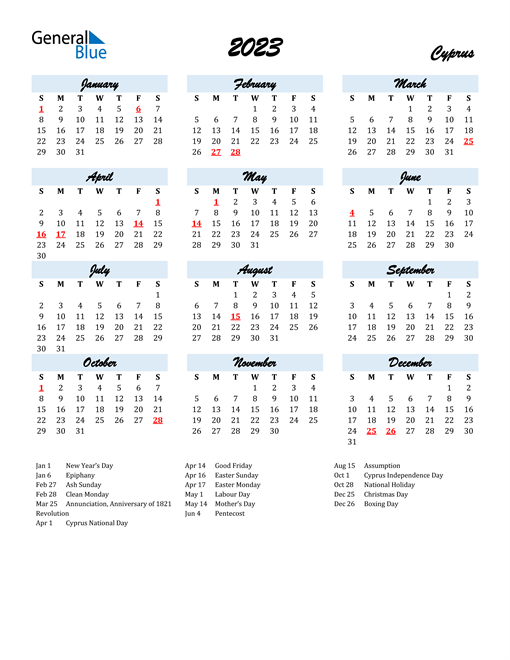 2023 Cyprus Calendar with Holidays