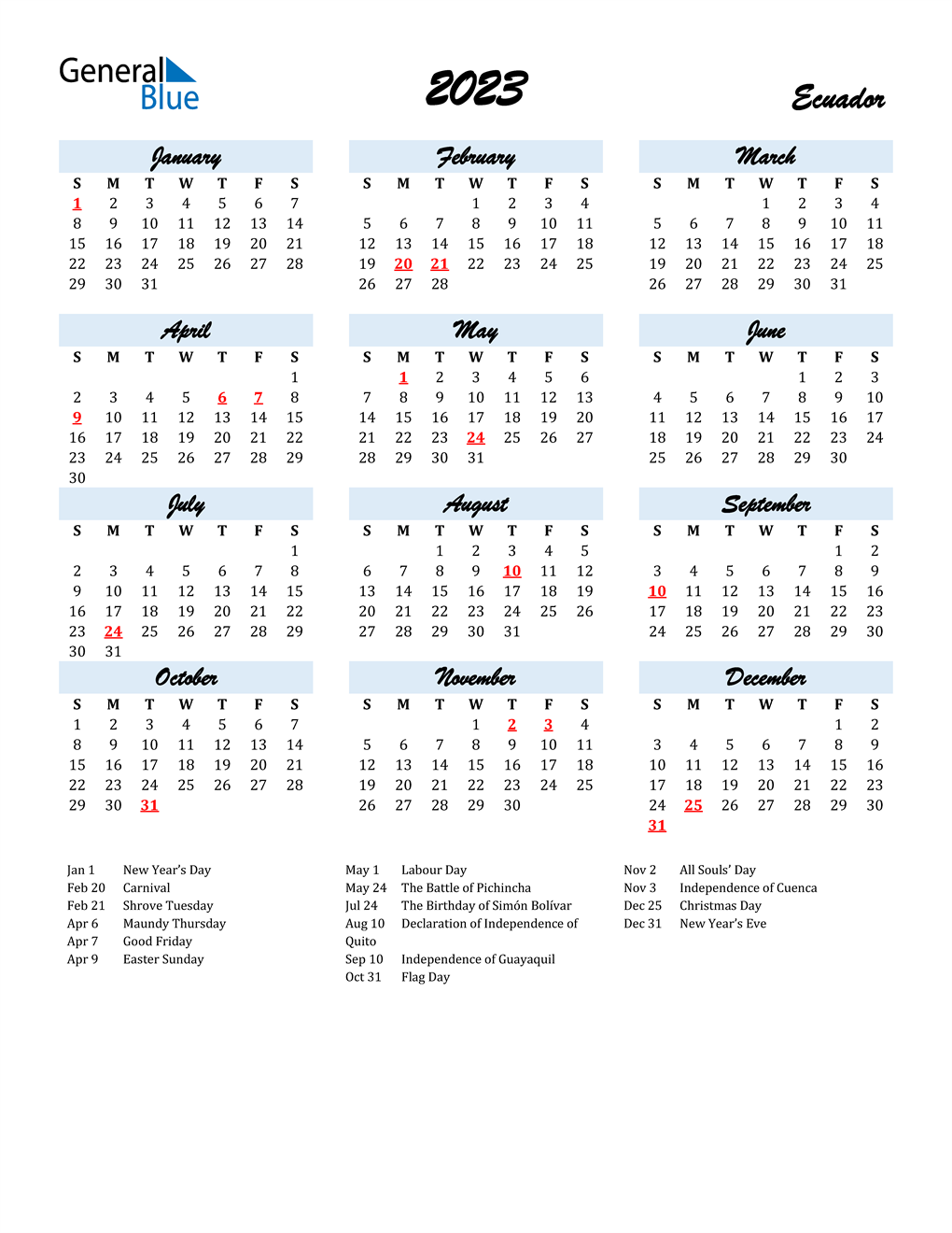 2023 Ecuador Calendar with Holidays