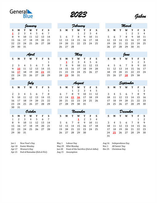 2023 Calendar for Gabon with Holidays