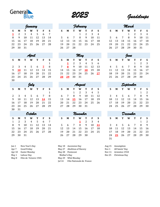 2023 Calendar for Guadeloupe with Holidays