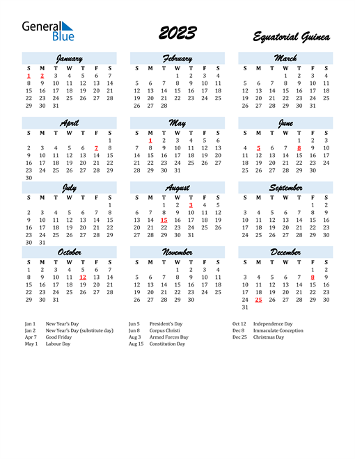 2023 Calendar for Equatorial Guinea with Holidays