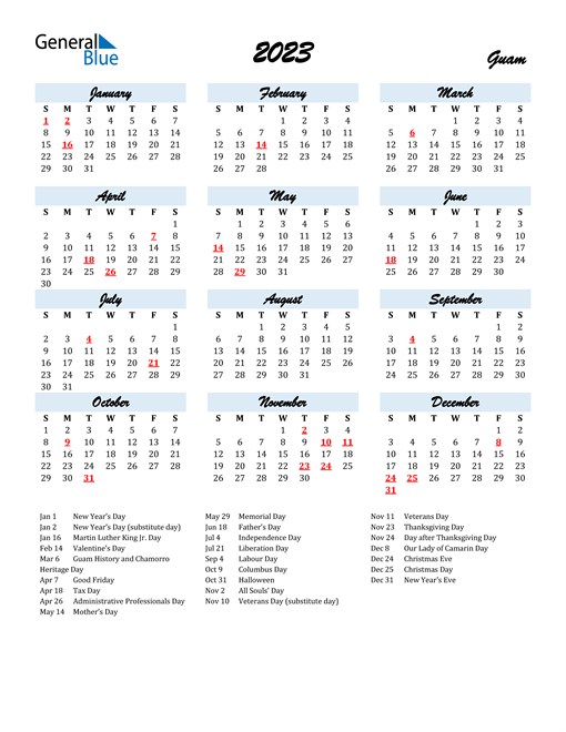 2023 Guam Calendar with Holidays