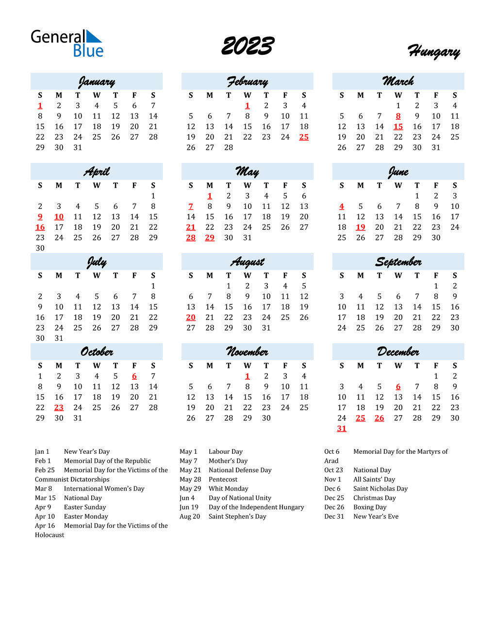 2023 Hungary Calendar with Holidays