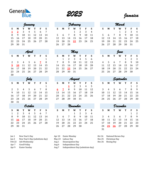 2023 Calendar for Jamaica with Holidays