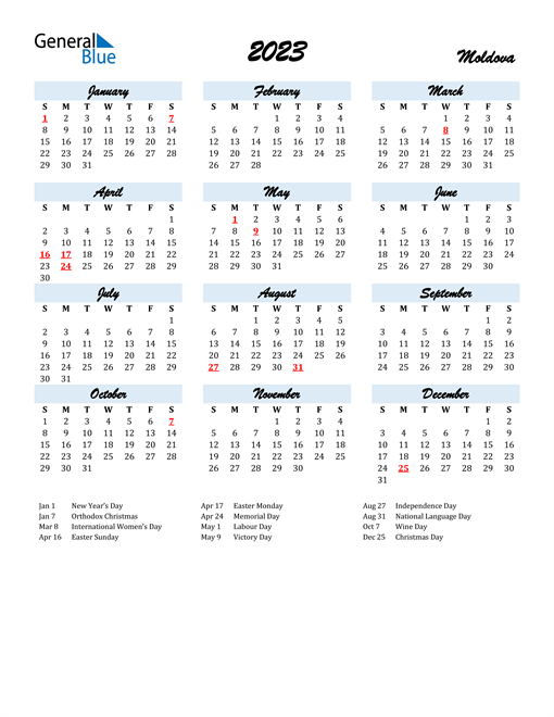 2023 Calendar for Moldova with Holidays