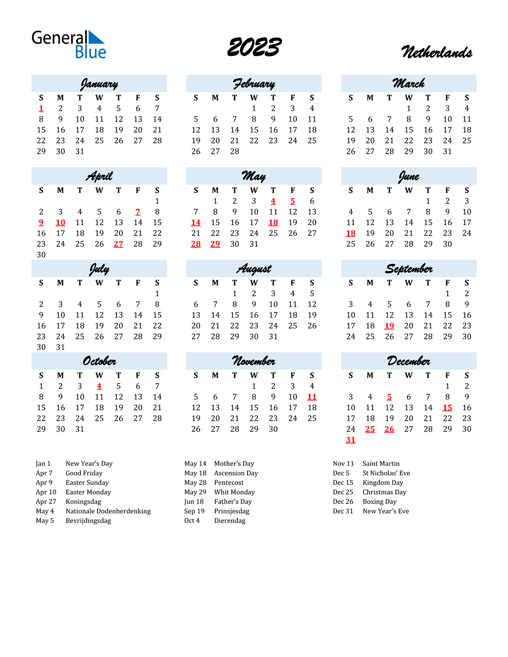 2023 Calendar Blue Script With Holidays Portrait En Nl 1020x1320 