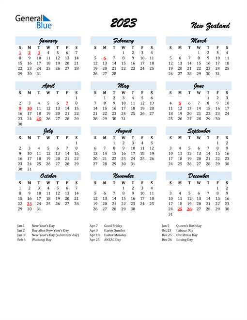 2023 Calendar for New Zealand with Holidays