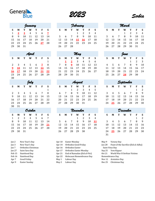 2023 Serbia Calendar with Holidays