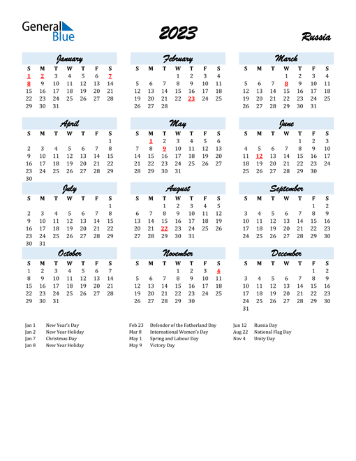 2023 Russia Calendar with Holidays