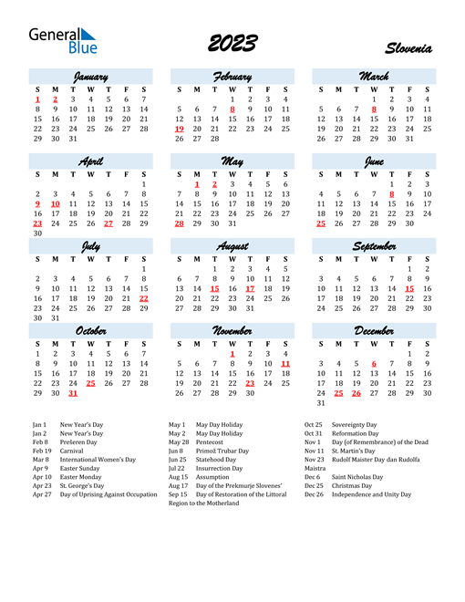 2023 Slovenia Calendar with Holidays