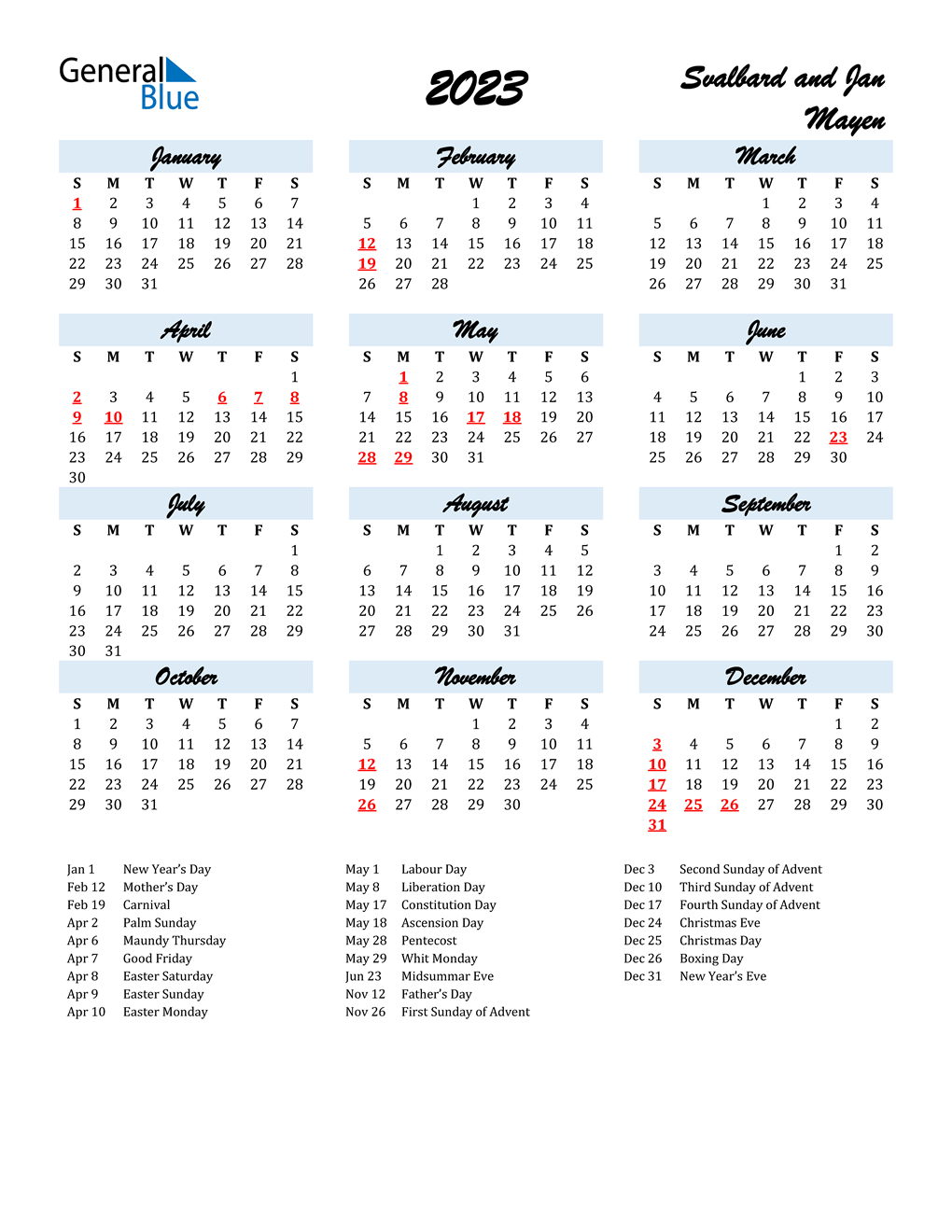 2023 Svalbard and Jan Mayen Calendar with Holidays