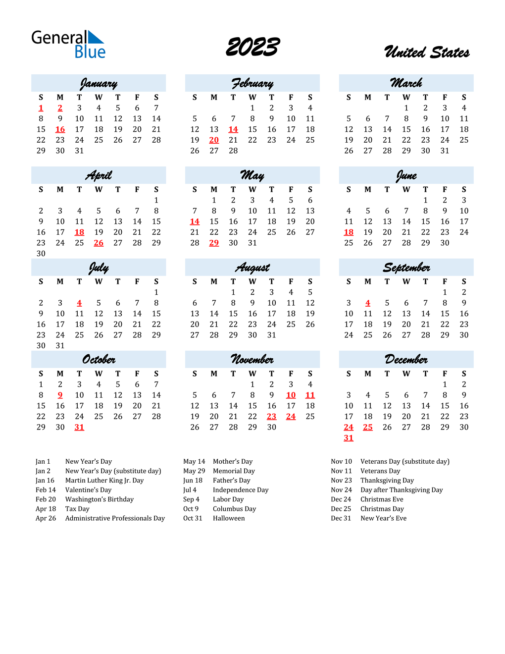 2022 yearly calendar 2023 united states calendar with holidays Troy