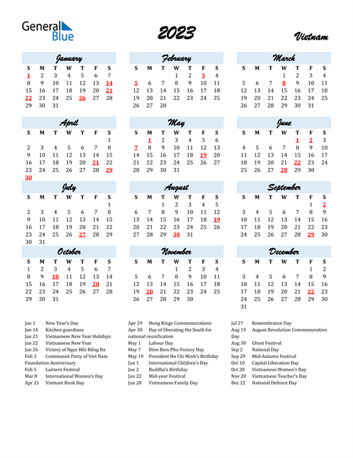 2023 Calendar for Vietnam with Holidays